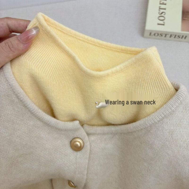 Chic Creamy Yellow Slim-Fit Knit Sweater for Women – Soft, Fluffy, Half-High Neck, Long Sleeves, Perfect for Autumn/Winter.