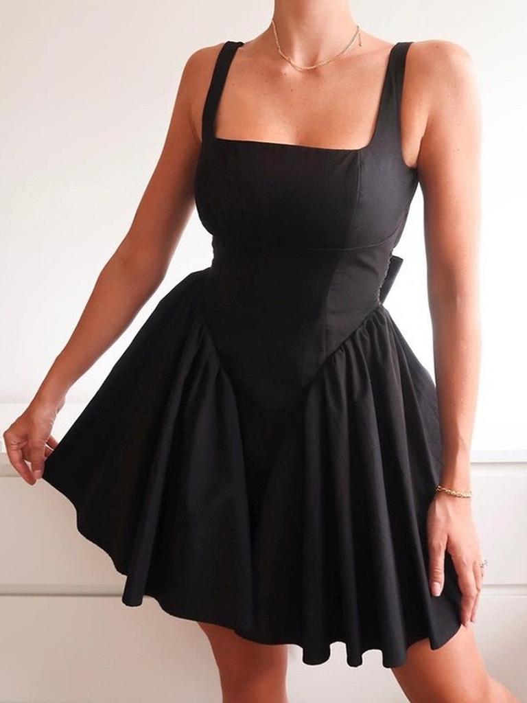 Spring Imported Women's Fashion Pure Color Backless Tie-Belt Bow Tie Strap Dress