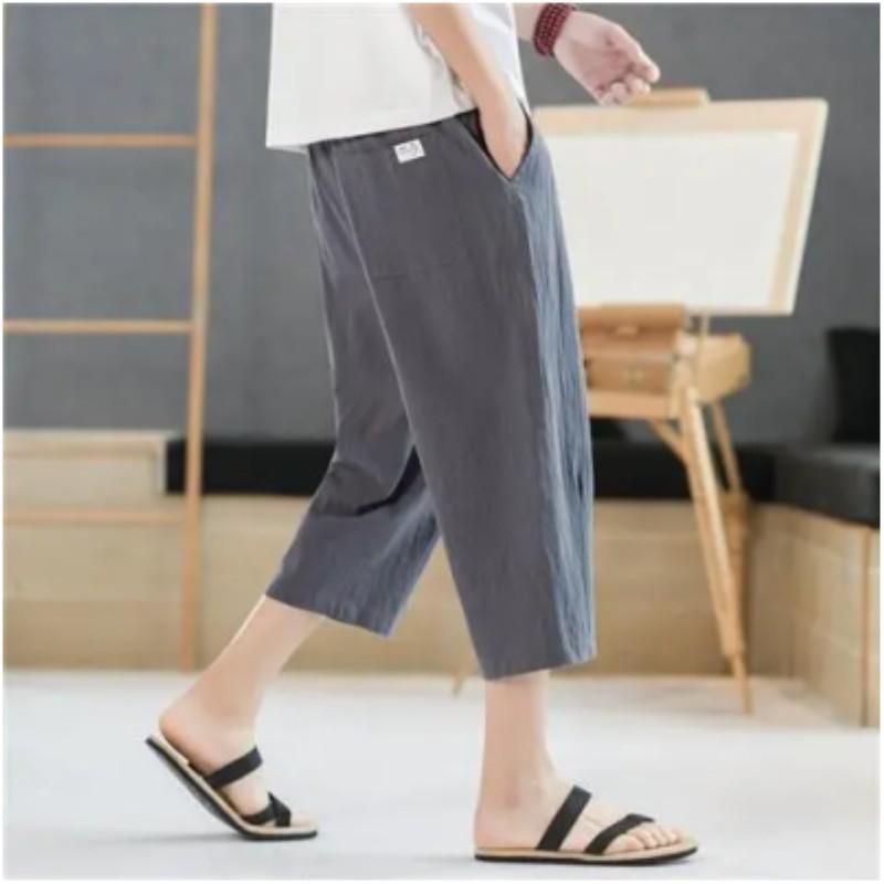 

Мужские летние тонкие хлопковые льняные брюки Seven-minute для людей среднего и пожилого возраста, удобные повседневные свободные брюки 5XL темно-серого