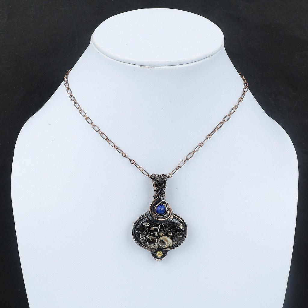 Turritella Agate Pendant Copper Wire Wrapped Pendant Lapis Lazuli Pendant Handmade Jewelry Natural Gemstone Pendant Copper Wire Wrap Jewelry