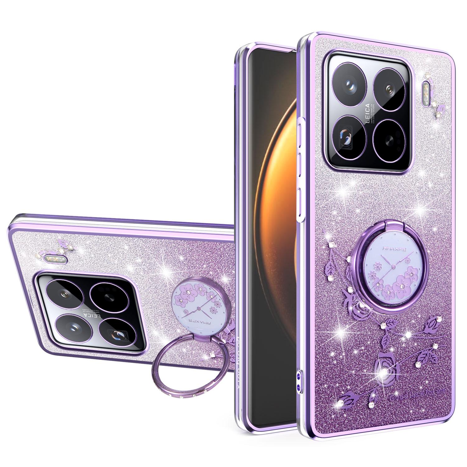 

For Xiaomi 15 Pro Case Ring Kickstand TPU Flowers Phone Cover Gradient Glitter Purple