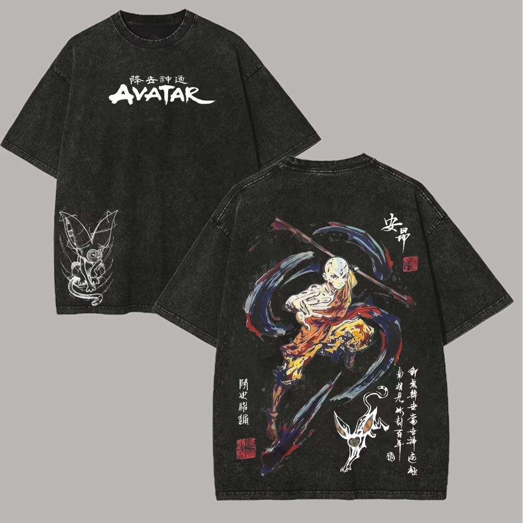 Avatar The Last Airbender Anime Katara Aang Grafisk Print Vintage Vasket Rund Hals T-shirt Mænd Kvinder Personlighed Streetwear Hip Hop Mode Oversized T-shirt