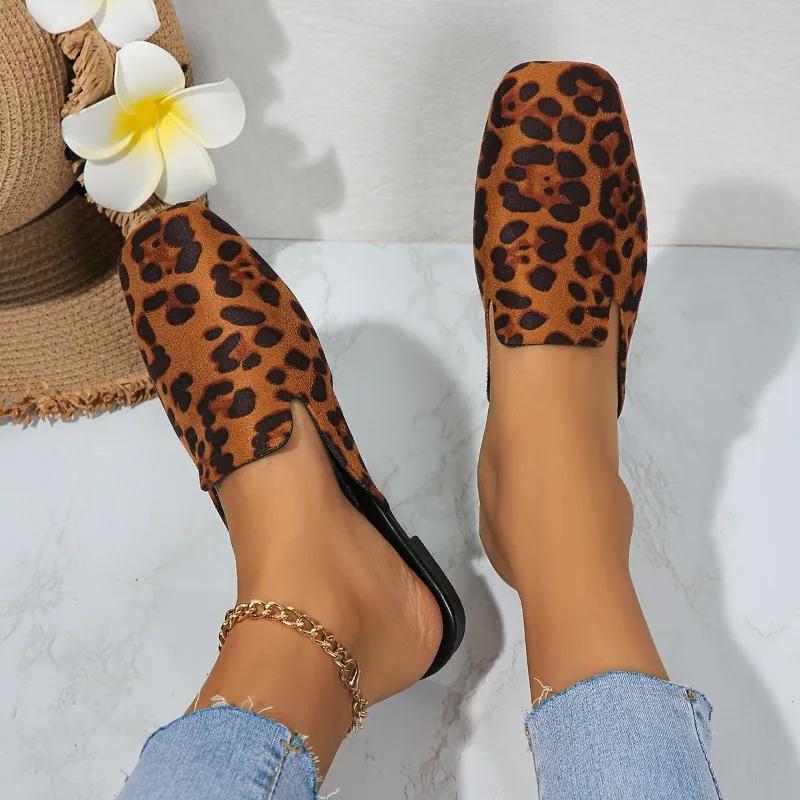Fashion Leopard Women Mules Shoes Slippers Flats Suede Summer Square Toe Designer Outdoor Slingback Sandals Zapatos Mujer Slides