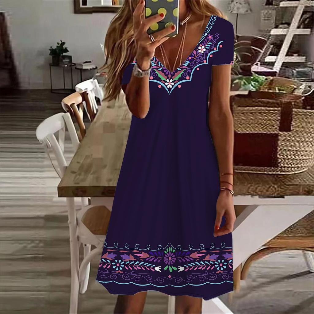 Summer Fashion Women's V Neck Short Sleeve Retro Printed  Dress Sex Short Skirt Dresses