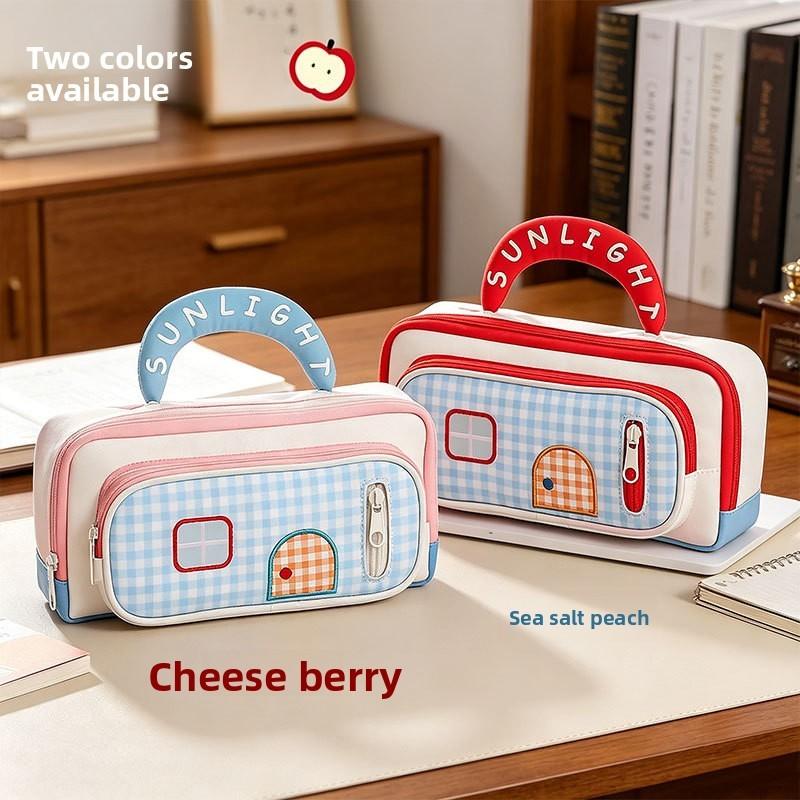 Color Blocks House Pen Case With Large Capacity For Office And School Use