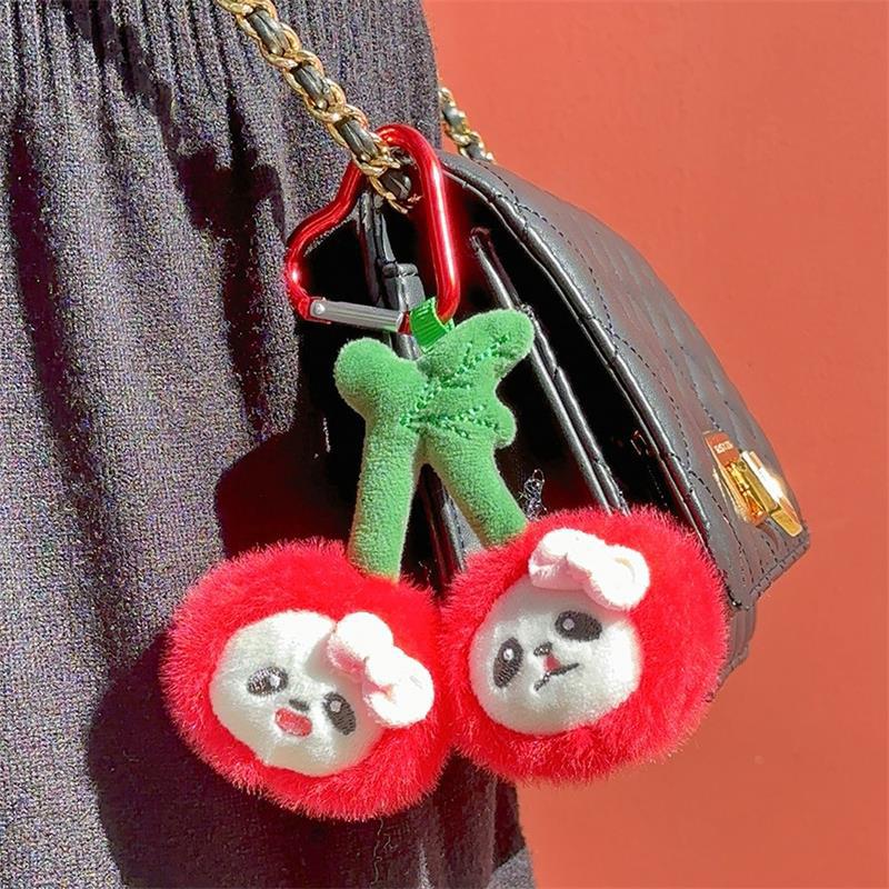 Cartoon Cute Cherry Panda Plush Doll Stuffed Toy Keychain Pendant Key Charm Bag Hanging Ornaments  Accessories Kids Gifts
