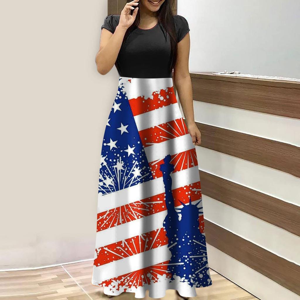 Sommerkleider für Damen 2023, modisch, lässig, Blumendruck, Rundhalsausschnitt, kurzärmelig, große Maxikleider