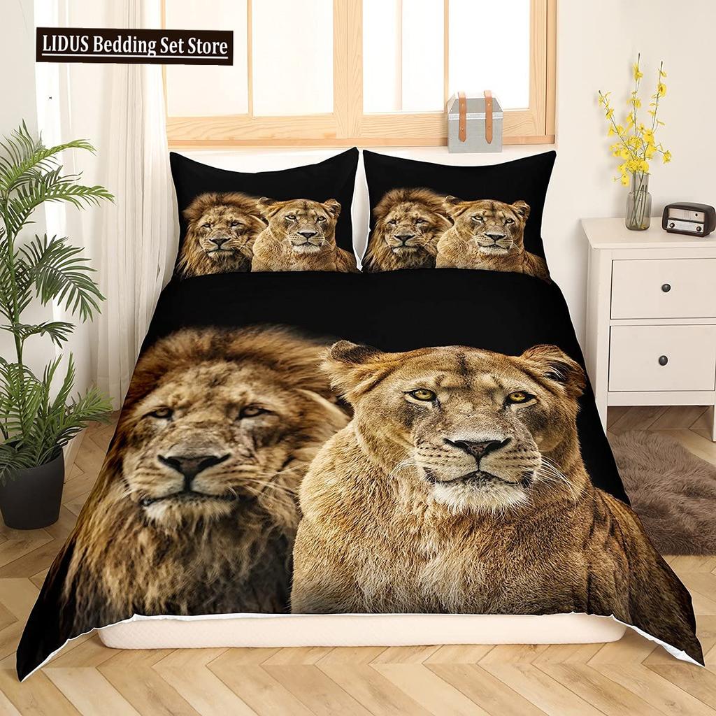 Lion Rose Duvet Cover Sets King Size Animal Floral Print Polyester Comforter Cover Nature Theme Bedding Set For Kids Adult Teens