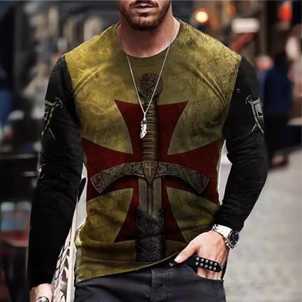 Templar 3D Digital Printed Men's Street Trendy Round Neck Long Sleeve T-shirt