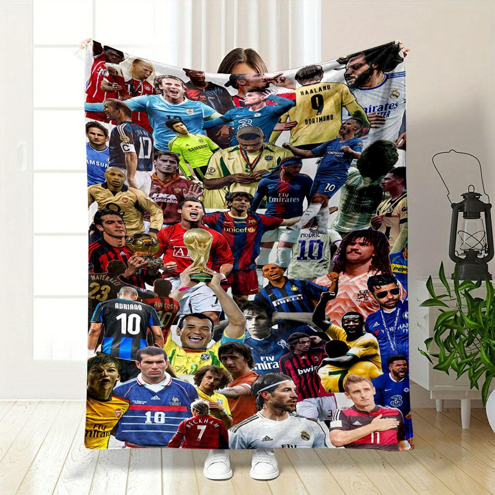 A collage of iconic football players in various jerseys and celebrations. for all seasons blanket lunch break throw gift