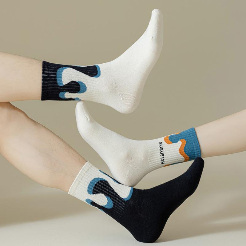 Autumn Combed Cotton Socks, Retro Asymmetrical AB Left and Right Foot Couple Mid-calf Socks, Trendy Socks