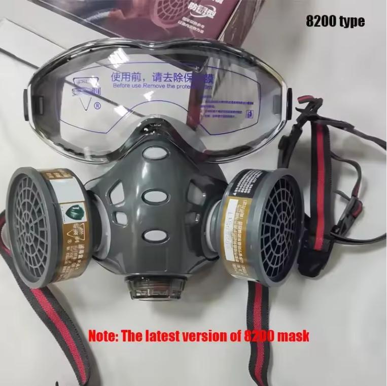 Skyddande kemisk andningsmask med dubbla kolfilter för sprutning av bekämpningsmedel, måleribranschen, säkerhetsgasmask med imfria glasögon