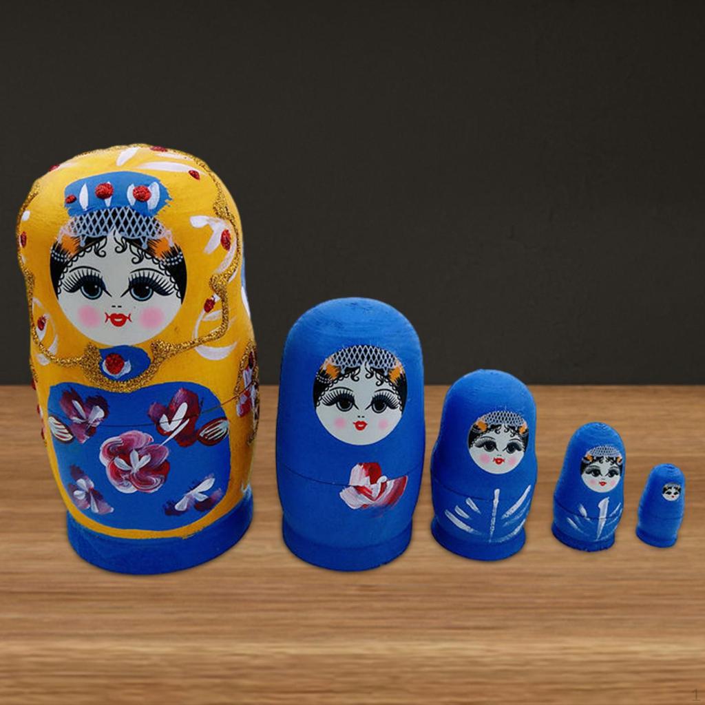 5 Pieces Matryoshka Doll Stacking Set Cartoon Figures Crafts Cute Traditional Wooden Russian