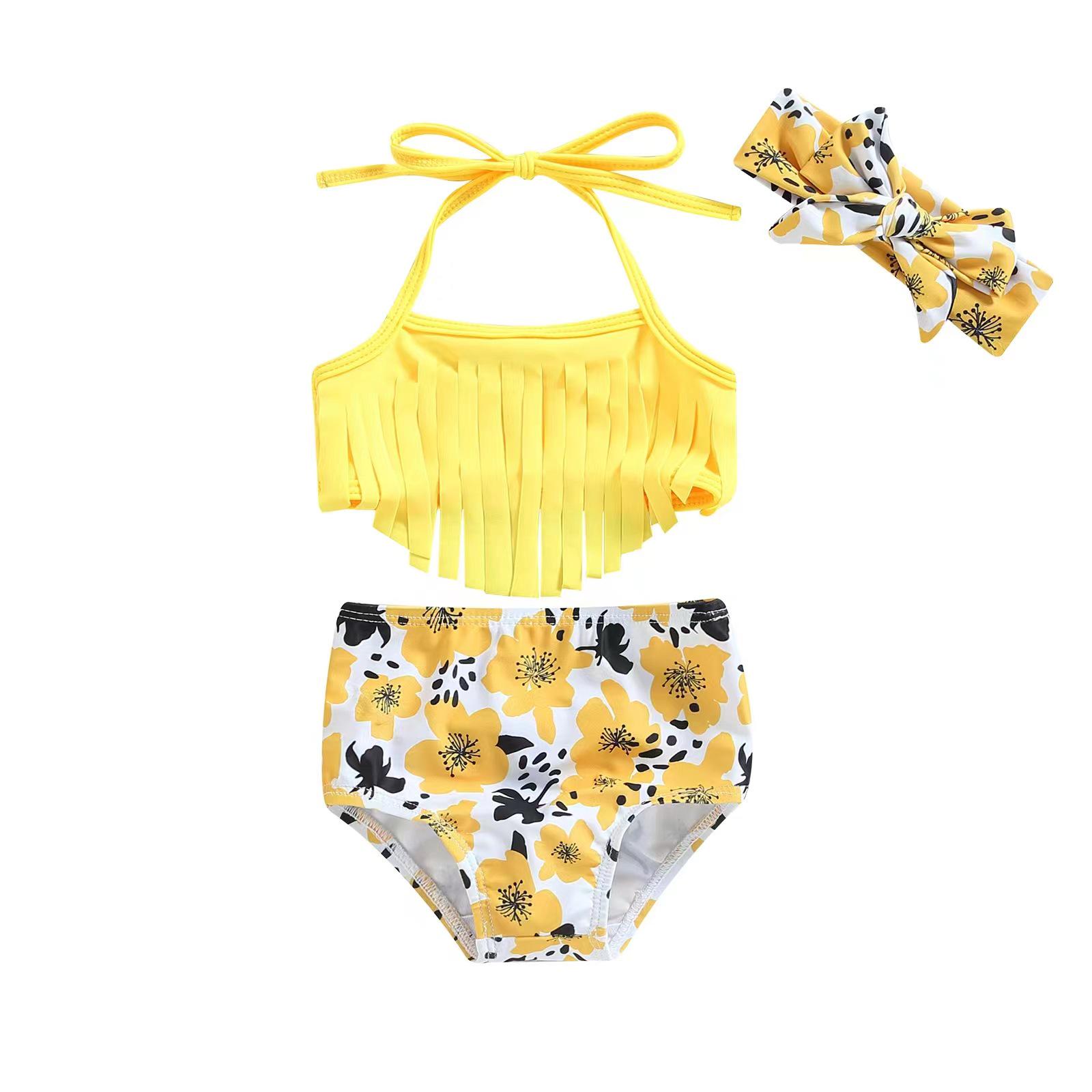 

2024 Summer Girls Baby 3-Piece Tassel Halter Sports Swimsuit Set 80 жовтий
