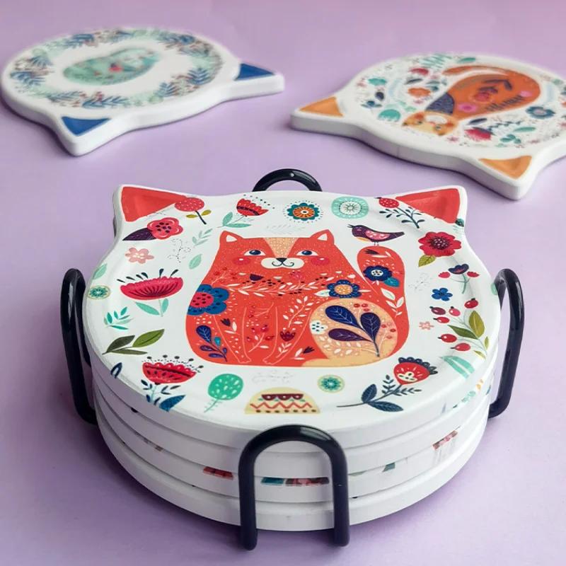 Cute Cat-shaped Ceramic Coaster Heat Insulation Pad Table Water Cup Holder Coffee Cup Non-slip Mat