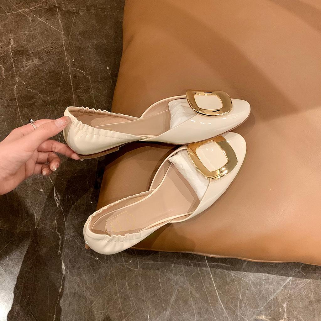 French Retro Metal Square Buckle Flat Shoes 2025 Summer New Pleated Hollow Flat Ballet Shoes Women