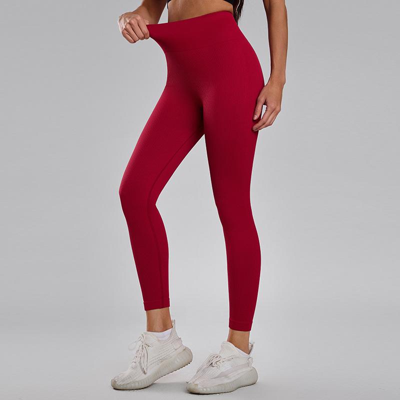 Women's European Style Seamless Ribbed High Waist Yoga Leggings - Peach Butt & Tummy Control Fitness Pants.