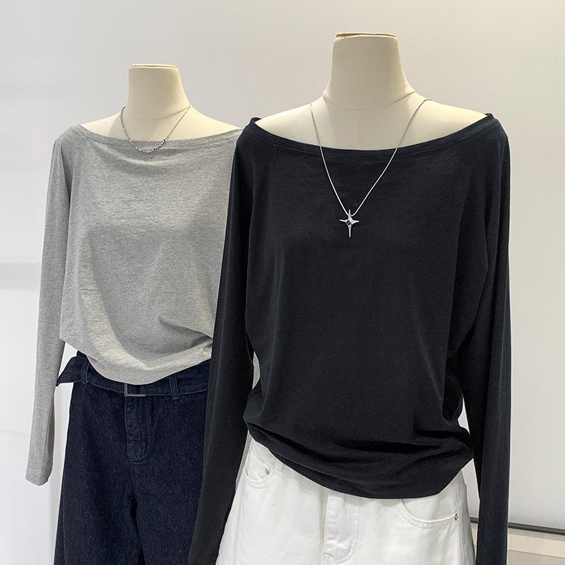 

One-word Collar Off-shoulder Top Women s Spring New Casual Loose and Thin Long-sleeved Shirt Bottoming Shirt L чёрный