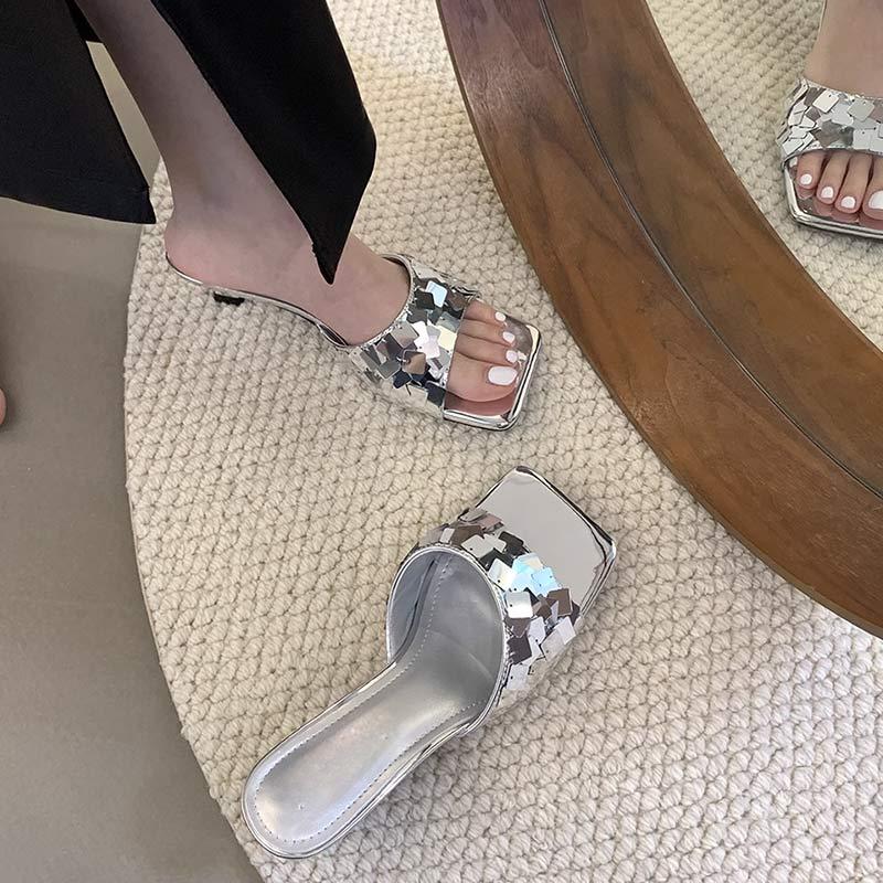Fashion Slip-heeled Slippers Summer New Style Square Head Glitter Shallow Mouth Set Foot Anti-slip Wear-resistant Sandals