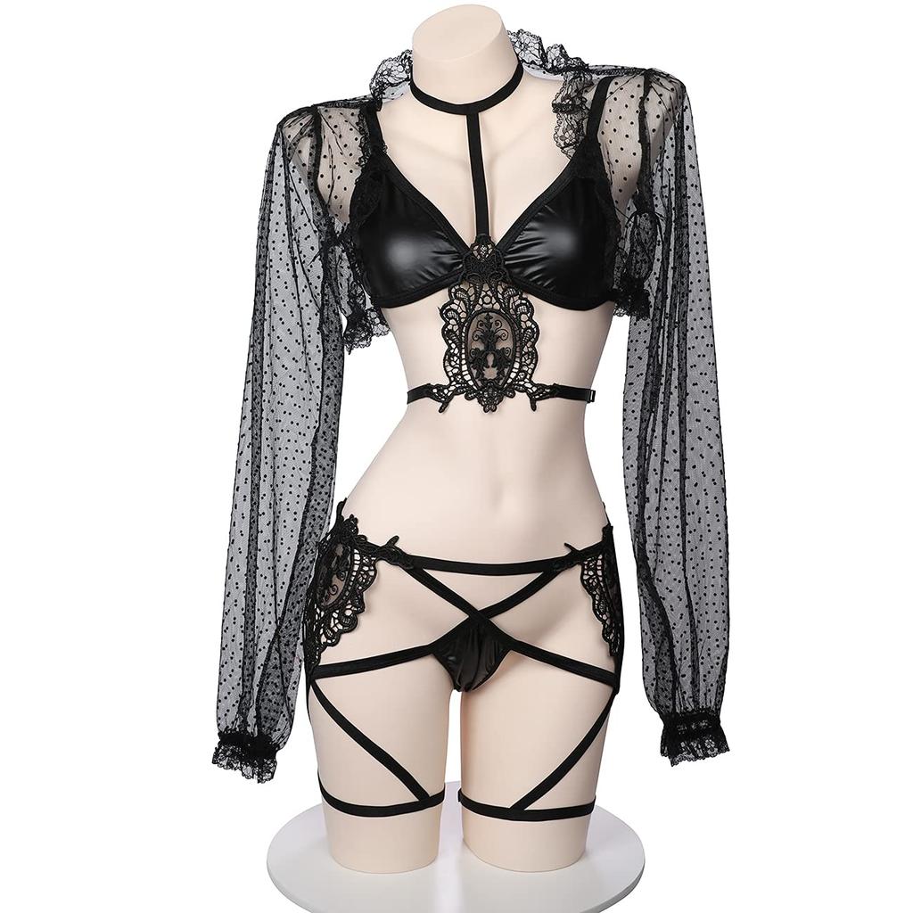 SENMHS Cosplay Sexy Bikini Underwear Leather Style PU Costume Bondage Bodycon Enamel PVC Queen Little Devil Devil Witch Fake Leather Restraint