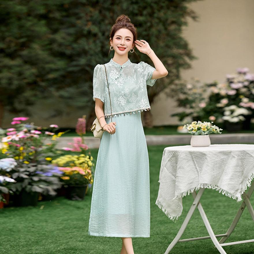 

Комплект платье лето новый тонкий универсальный вышитая юбка костюм из двух частей XL зелёный