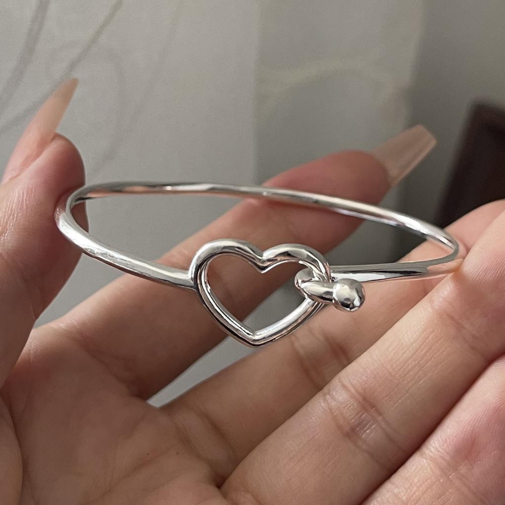 100% Solid 925 Sterling Silver Retro Bracelet for Women Geometric Hollow Heart Handmade Sparkling Simple Bracelet Birthday Gift