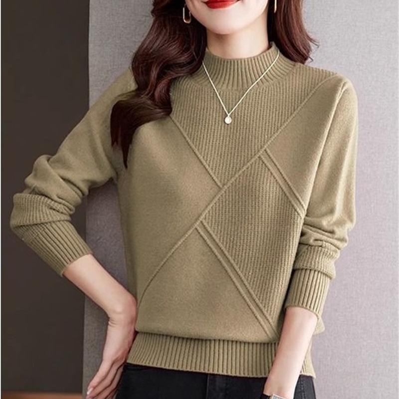 Dame Ensfarget Halvhøy Krage Kasjmirgenser Høst Vinter Løs Genser Strikket Ull Casual Genser Underskjorte