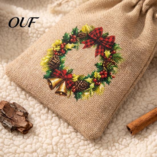 Portable Fabric Gift Holders Christmas Drawstring Bags, Small Festive Prints Burlap Treat Pouches for Durable Polyester Candy Jewelry And Party