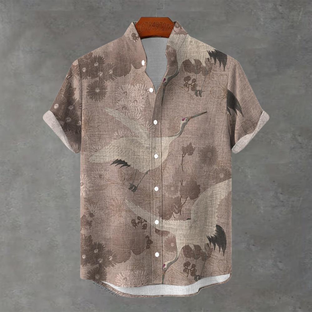 Sommer Herren Chinesisches Stehkragen Kurzarmhemd Retro Kran-Druck Locker Lässig Urlaubs-Cardigan Nationaler Stil Hemd