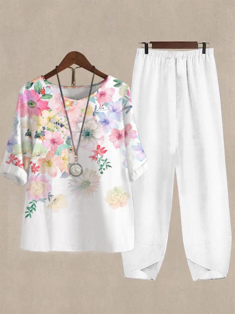 2023 Women's Casual Round Neck Five-Sleeve Top & Digital Print Two-Piece Set