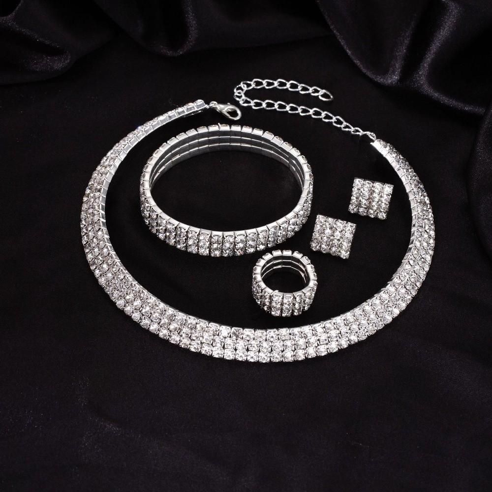 4Pcs Multilayer Necklace Bracelet Earring Ring Set Shiny Rhinestone Choker Bridal Jewelry Set Women