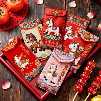Chinese Style 2026 Red Envelopes Embroidery Style Cartoon Lucky Red Pocket Thickened Year Of Horse Money Bag Chinese New Year
