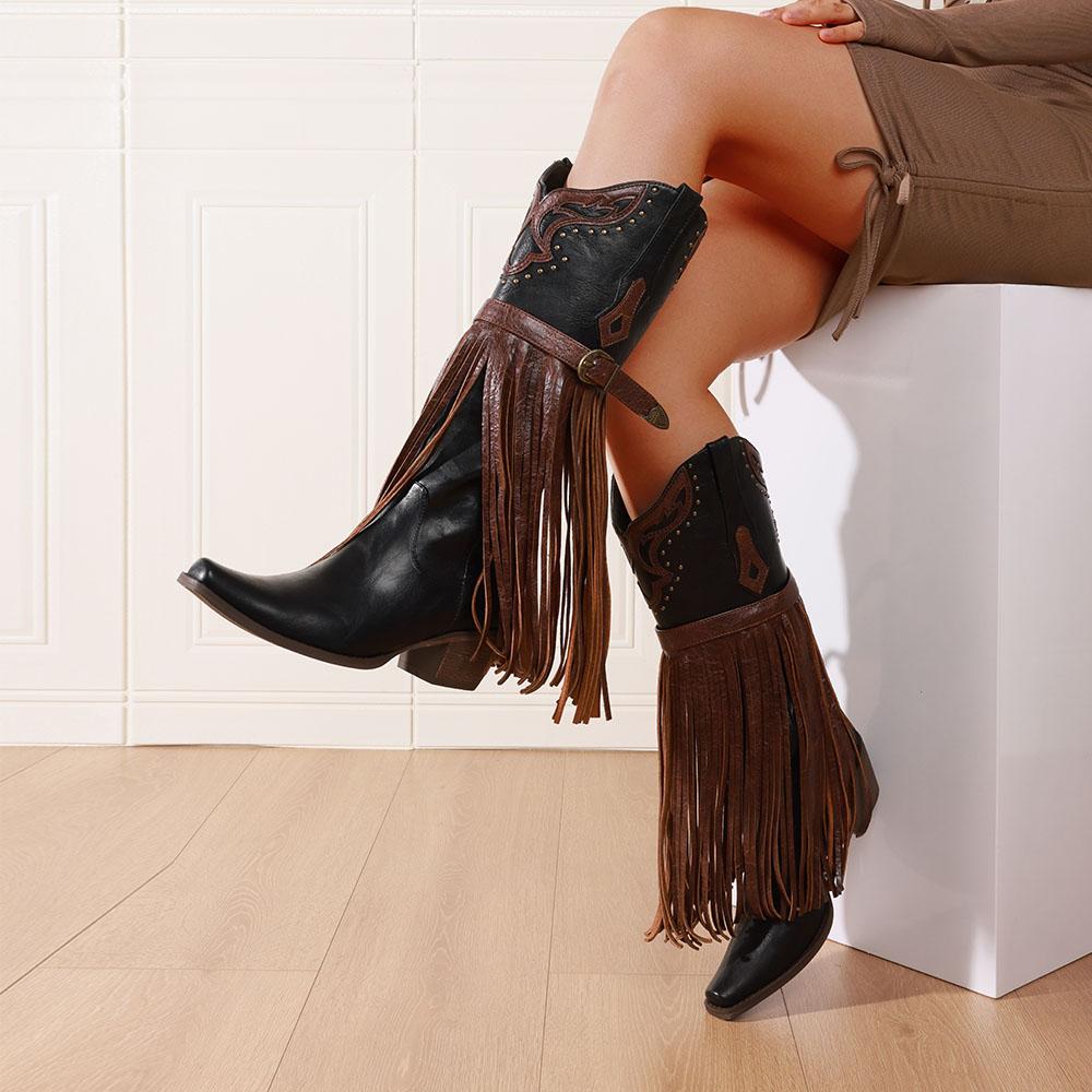 Women's Embroidered Western Cowgirl Boots Fringe Vintage Point Toe Chunky Heels Vintage Cowboy Knee High Boots For Women Farm Ou