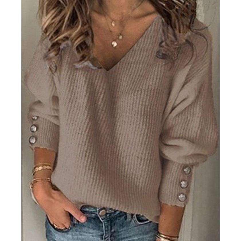 Haut Tricoté à Col V, Coupe Ample, Boutons, Couleur Unie, Printemps et Automne pour Femmes