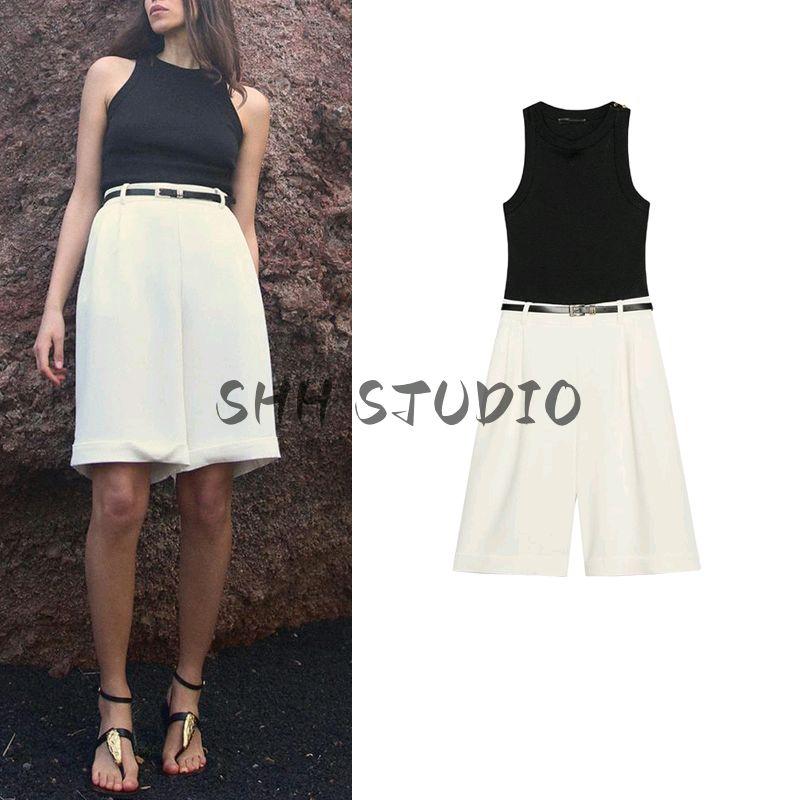 Spring and Summer Women's Clothing Pleated Decorative Sleeveless round Neck with Belt Patchwork Elegant Short Jumpsuit 5029075