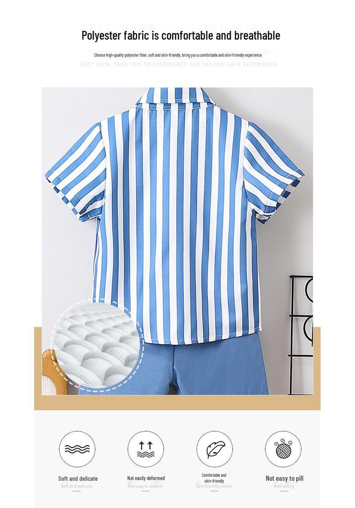 Boys' Two-Piece Summer Set: Korean Style Vertical Stripe Shirt & Casual Shorts