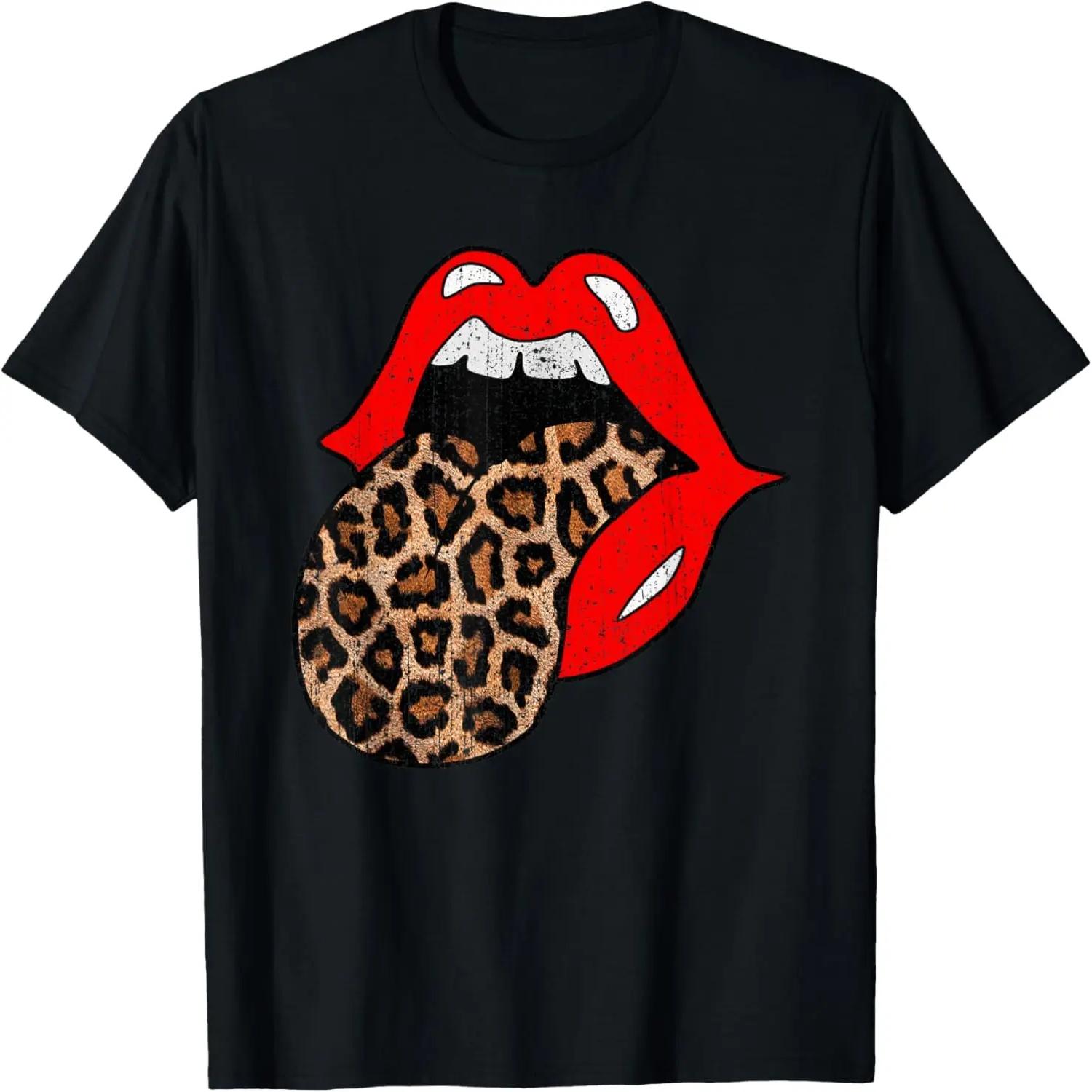 Red Lips Leopard Tongue Shirt Vintage Trendy Animal Print T-Shirt S чёрный