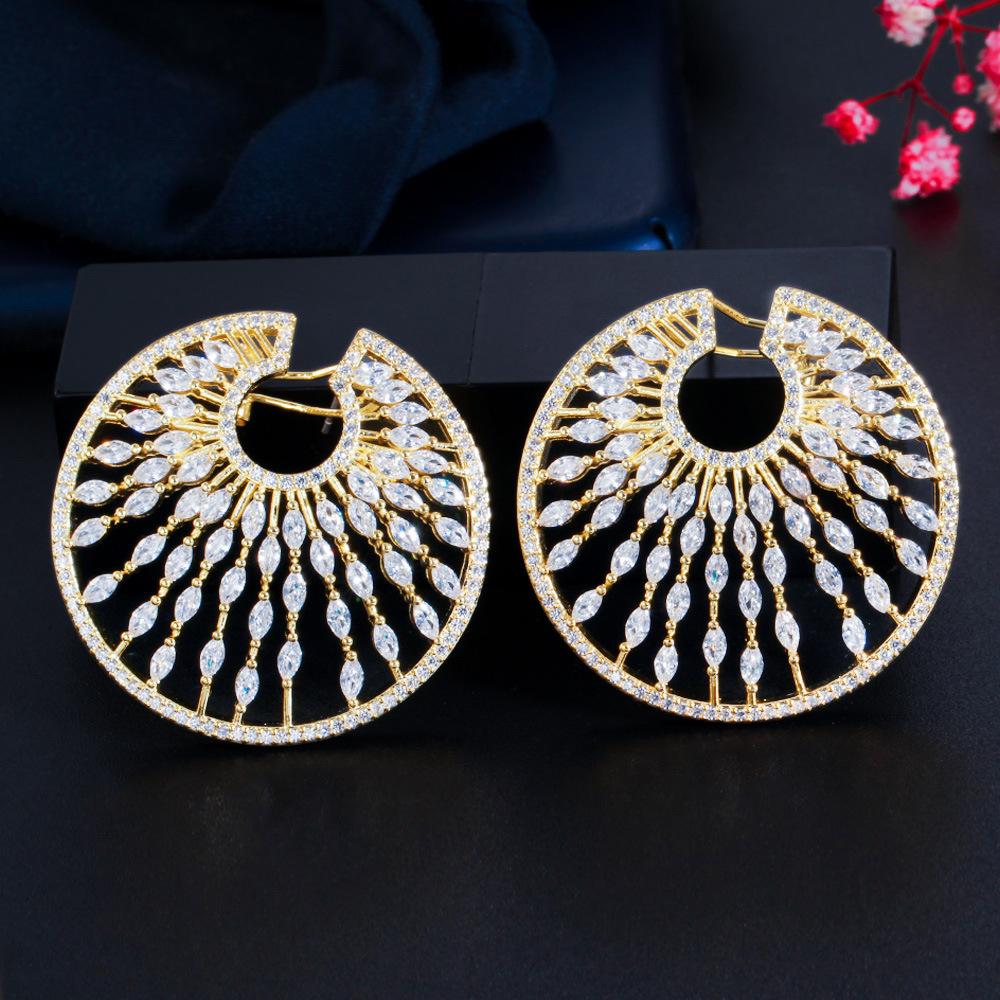 Disc Shape Micro-Inlaid Zircon Earrings Pin Copper Gold-Plated Personalized Round Large Earrings