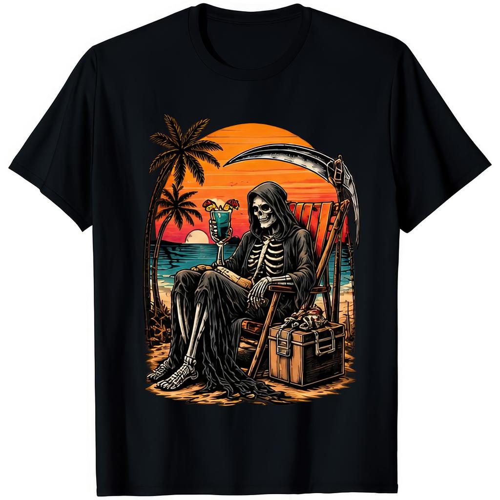Reaper Relaxing On The Beach Grim Skeleton Sunset Palm Trees Deckchair T Shirt