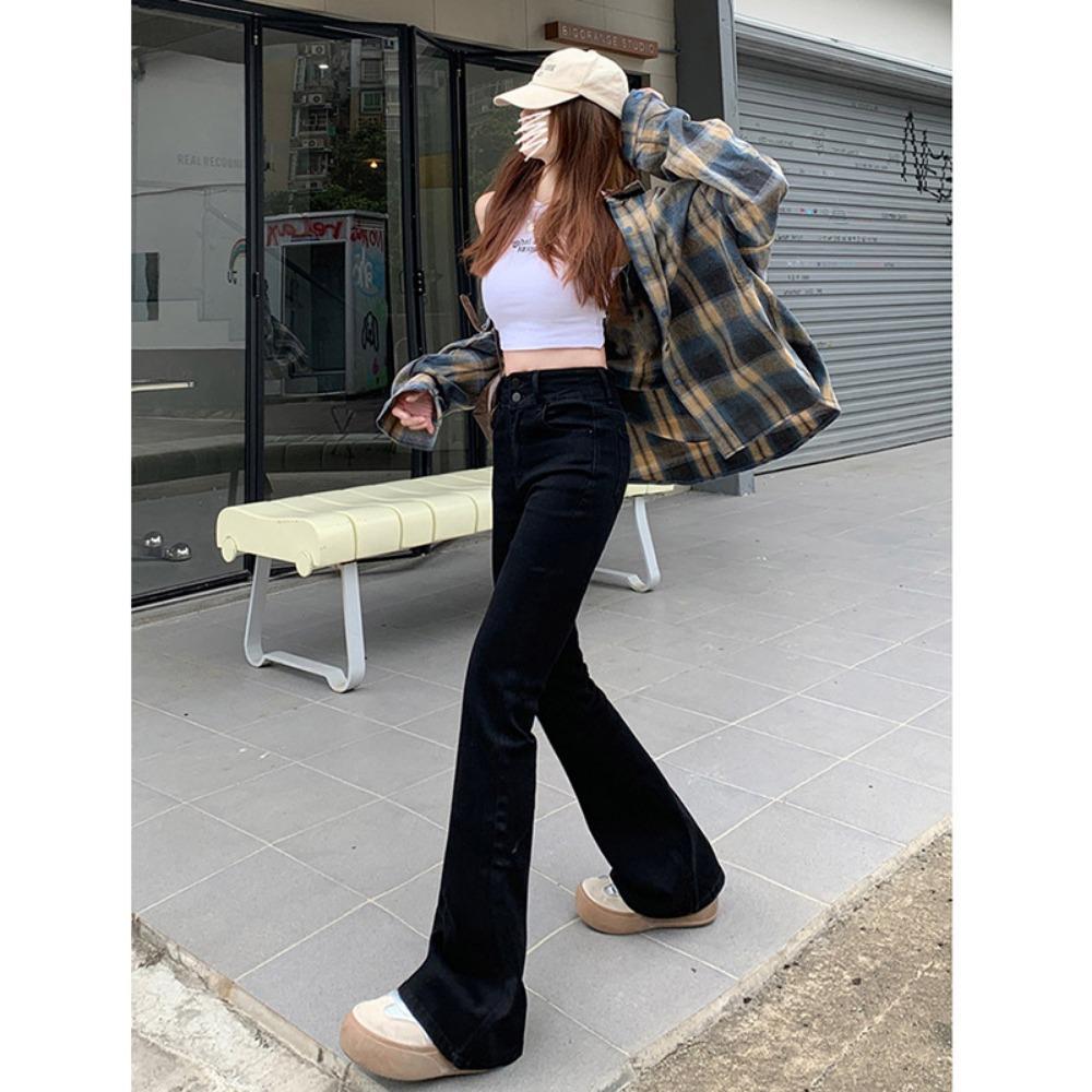 Frühling und Sommer neue Jeans Schlaghosen Damen elastisch und dünn Doppel-Schnalle Bauch vielseitig schmal Spice Girl Hosen ins