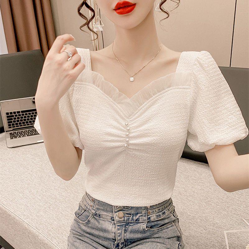 WTEMPO Brand Summer Women's Bubble Sleeve Square Collar Collar Shirt Slim High-waisted Short Top Pearl Decorated V-neck Short Sleeve Shirts