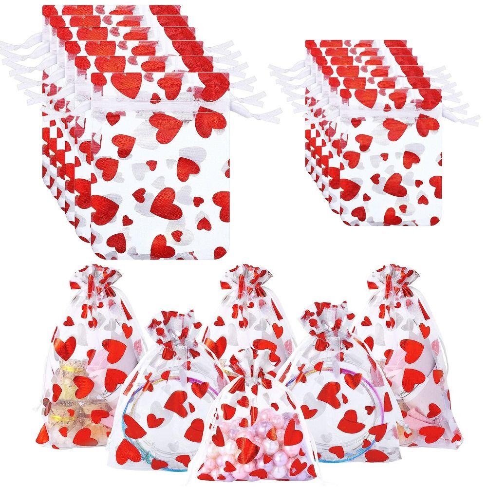 20pcs Love Heart Valentine's Day Gift Bag Organza Bronzing Gift Bag Mesh Candy Pouches  Wedding