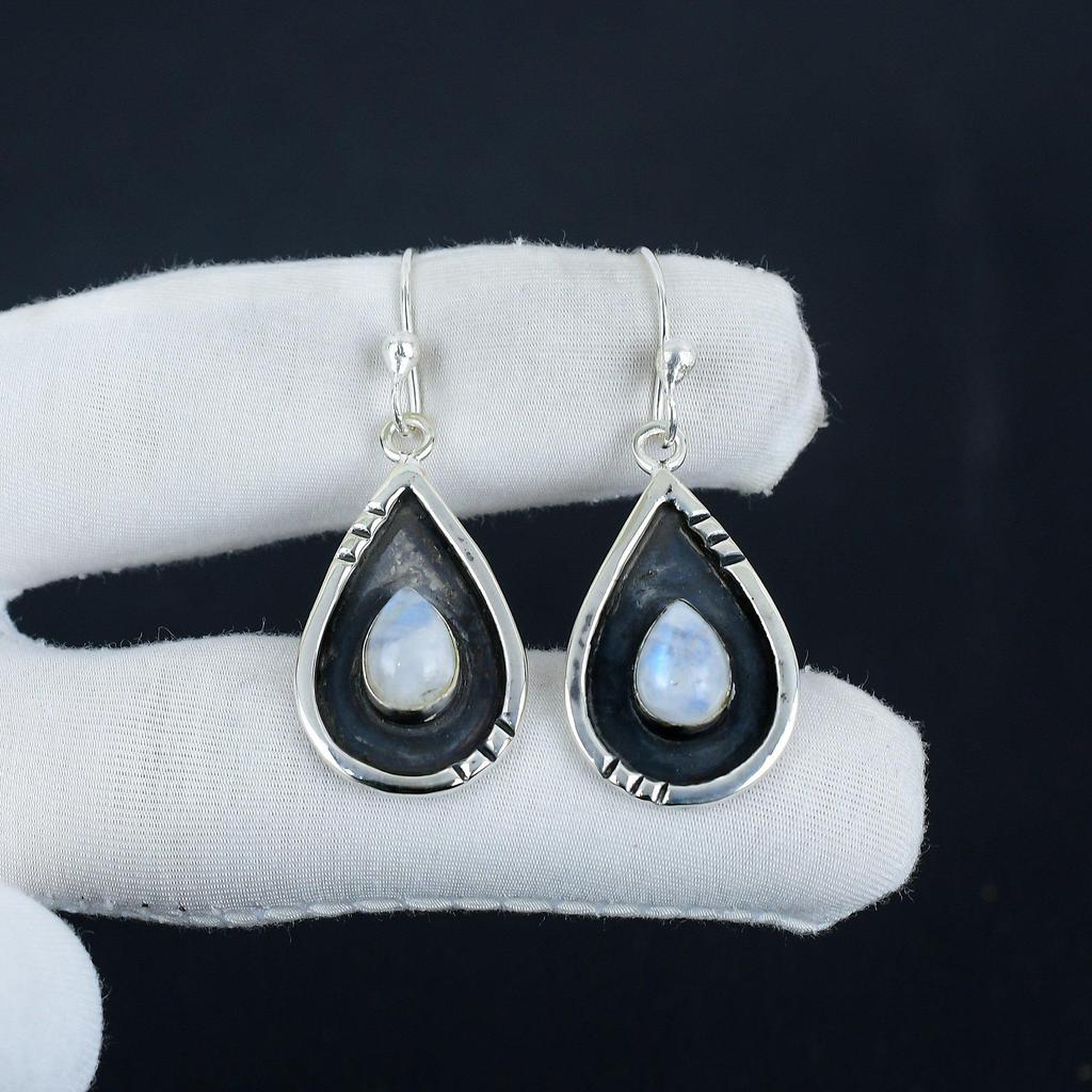 Natural Rainbow Moonstone Gemstone Earrings, 925 Sterling Silver Earring, Handmade Boho Silver Jewelry Dangle Earrings, Birthday Gift