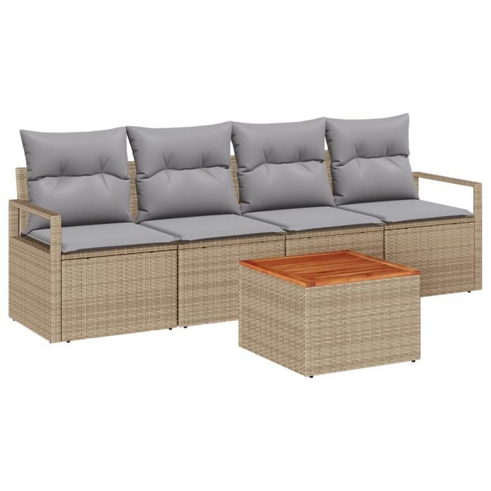 Set de Canapé de Jardin 5 Pièces avec Coussins Beige Poly Rattan Acacia, Canapé de Jardin 2 Places avec Coussins Beige Poly 3347637