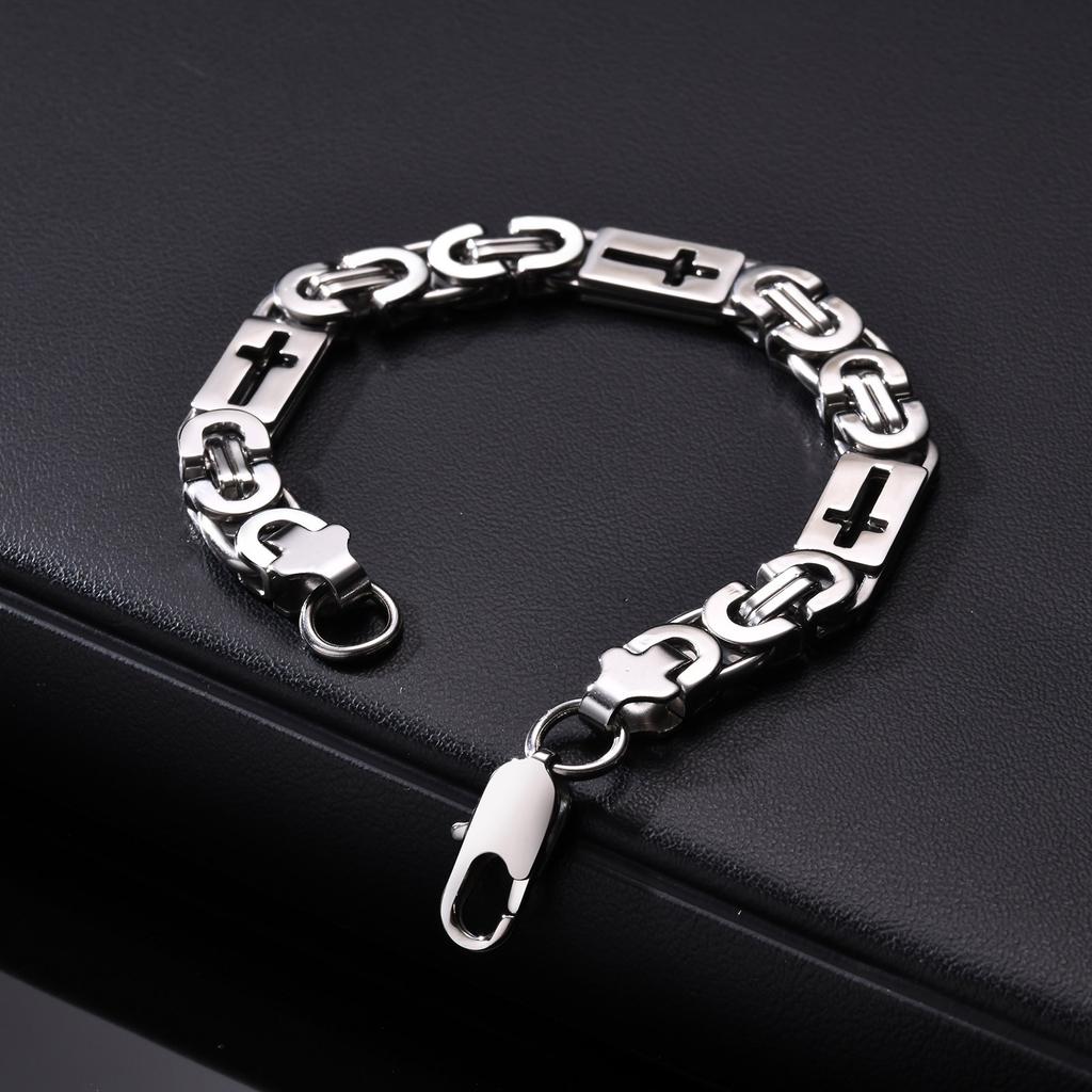 Vnox Byzantine Chain Bracelet for Men Dad, Stainless Steel Hollow Cross 8mm Width Lobster Clasp Wristband Religious Jewelry Gift