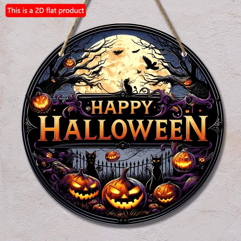 2d Flat 20*20cm, Home Decoration, Happy Halloween Wooden Circular Logo, Creative Decorative Board, for Home, Office, Cafe, Club, Garden Decor.