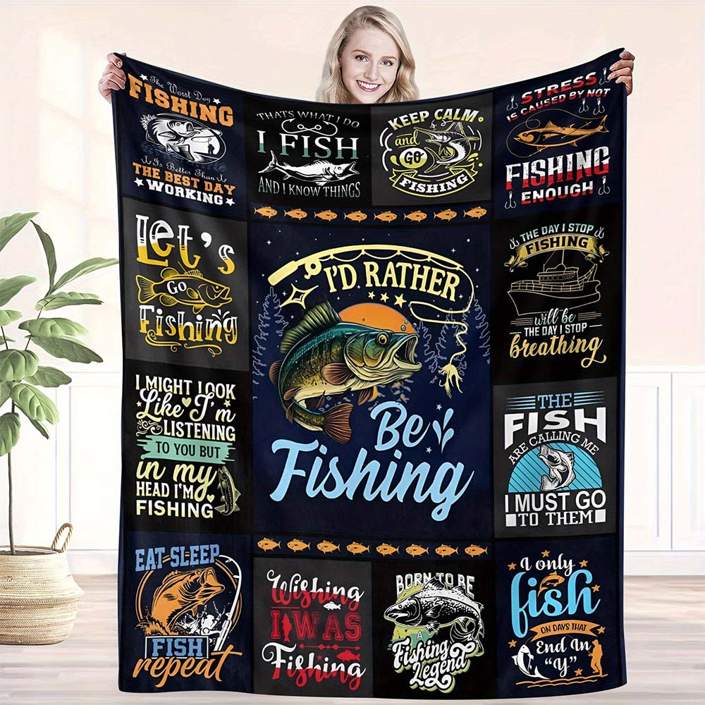 1pc Fishing Lover Throw Blanket, I'd Rather Be Fishing Novelty Warm Flannel Blanket for Couch Bed Camping Gift for Fishermen
