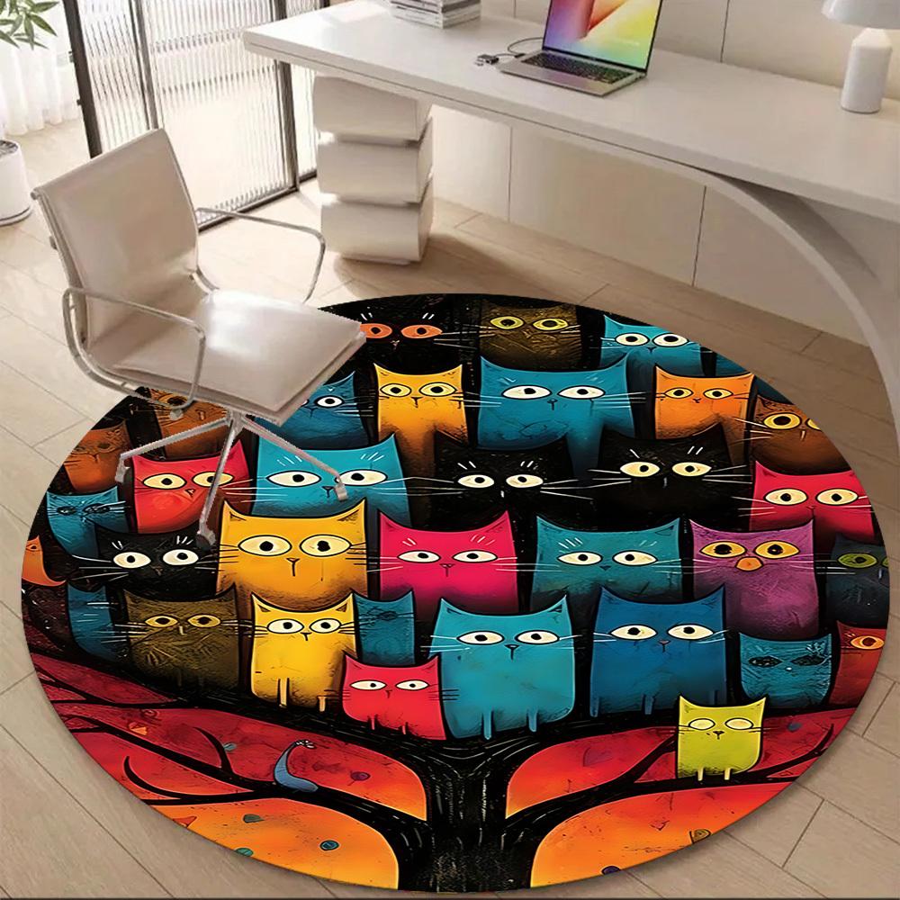 1pc Colorful Cats Office Round Area Rug, Indoor Mat Suitable ForOffice, Under Office Chairs Bedroom Living Room Home Decor, D125