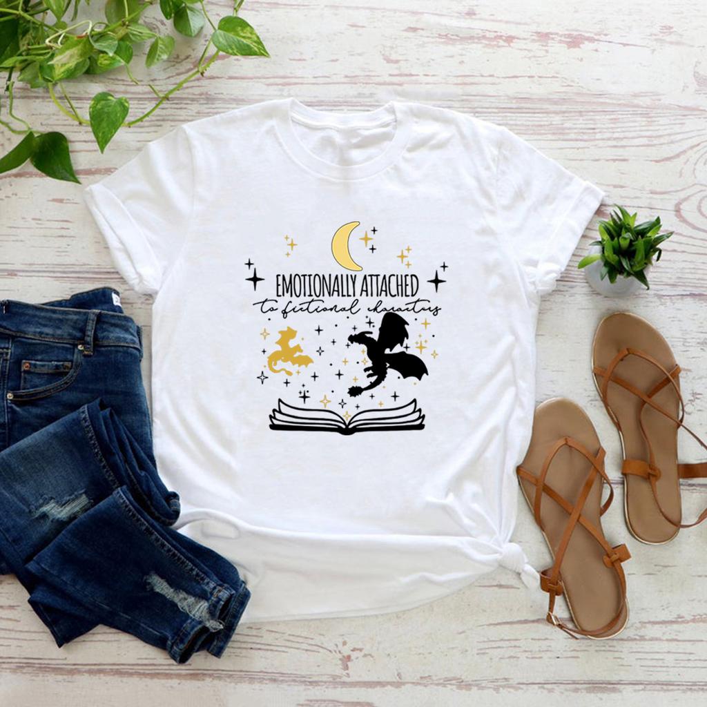 Emotionally Attached To Fictional Characters T-shirt Fourth Wing T Shirts Women Graphic T Shirts Short Sleeve Book Lover Shirt