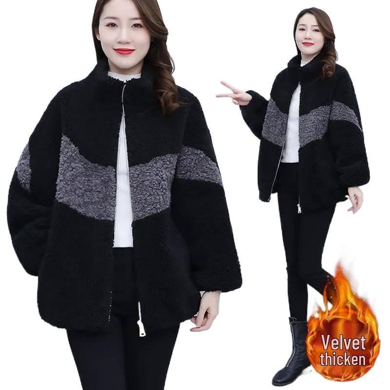 Women's Plus Size Color Block Lamb Wool Coat - Autumn/Winter Fashion Fleece Outerwear
